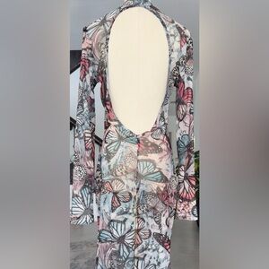 UO Butterfly Print Open Back Mesh long Sleeve Dress. Size L